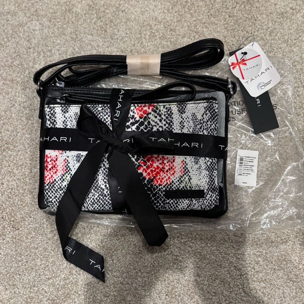 NWT Tahari 2-Piece Set - Black Crossbody Bag + Snakeskin Makeup Bag